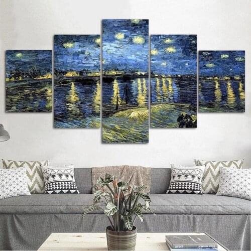 Starry Night Over The Rhone 5 Split Panel Canvas Painting Wall Art Poster Modern Home Decoration Living Room Home Decoration