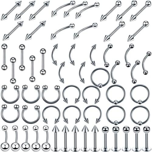 60PCS Stainless steel tongue belly piercing lot nose eyebrow piercing bulk nipple labret tragus piercing lot captive bead ring