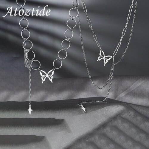 Atoztide Simple Stainless Steel Double Layers Hollow Butterfly Cross Pendant Necklace For Women Chain Jewelry Gift