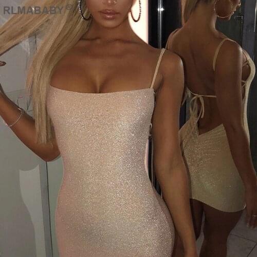 Shiny Backless Sexy Women Dress Spaghetti Strap Bodycon Mini Dress Night Club Summer Dress Elegant Party Pink Dress Lady Vestido