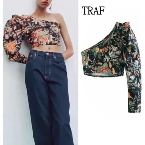 TRAF Za Women One Shoulder Blouse 2021 Summer Vintage Print Puff Sleeve Shirts Lady Skew Collar Tops Slim Blouse Top Women Shirt