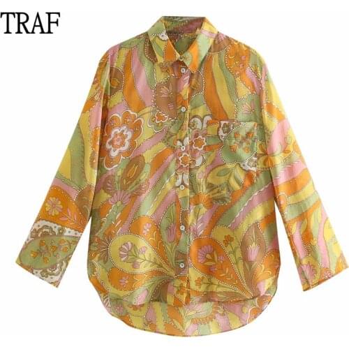 TRAF Za 2021 Blouse Summer Print Long Sleeve Tops Women Loose Casual Blouses Vintage Pocket Female Shirts Blusas Chic Tops