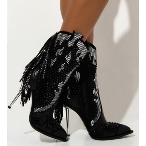 Dipsloot Sexy Woman Black Rhinestone Tassel Ankle Boots Pointed Toe Thin Heels Rivets Iron Heels Short Booties Botas Shoes