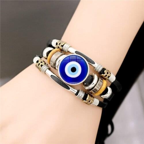 Lucky Blue Evil Eye Charms Bracelet Men Vintage Jewelry Punk Handmade Multilayer Woven Leather Rope Bracelet Bangles for Women