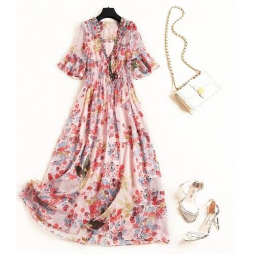 And American womens European wear 2021 summer new style Five-point sleeve horn sleeve nail bead V-neck print Fashionable dress