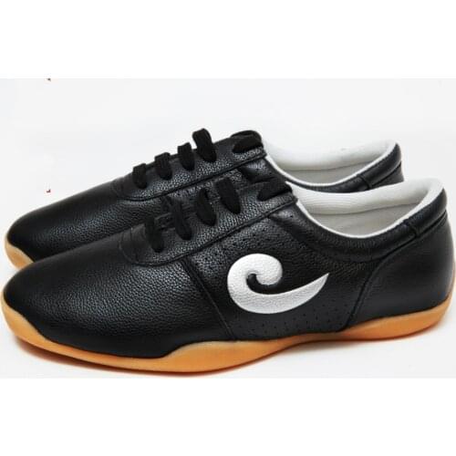 Genuine Leather Tai Chi Sneakers Martial Arts Shoes Sports Training Footwear Black Red Pink Yellow And White Size 35-45