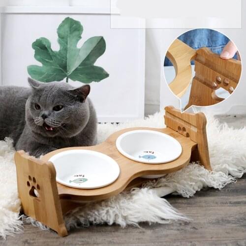 Pet Bowl Dogs Cats Ceramic Bowl Bamboo Cat Food Bowl Pet Cat Ear Double Feeder Water Pet Dog Supplies Feeding Drinking Container