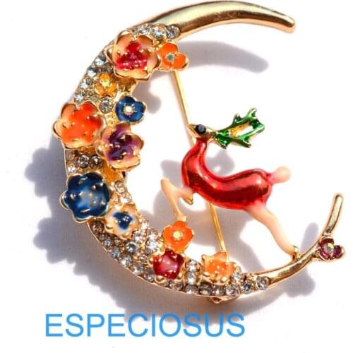 Fashion Jewelry Rhinestone Moon Brooch Crystal Giraffe Pin Women Flower Ornaments Gold Color Breast Pin Painted Lady Garments