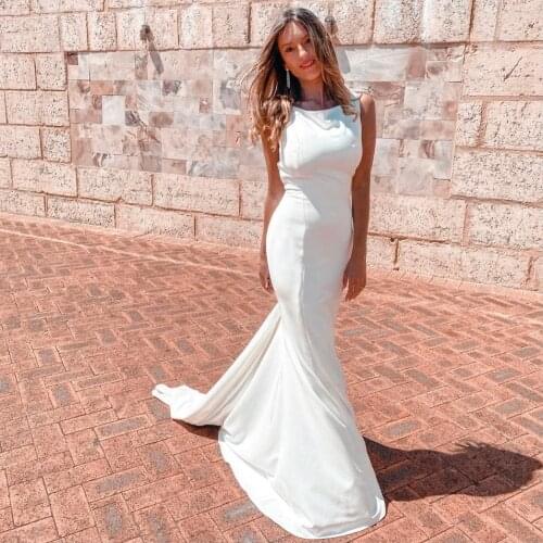 Wedding Dress Mermaid O-Neck Tank Backless Button Satin Floor Length Sweep Train Simple Long White Bride Gown Custom Made New