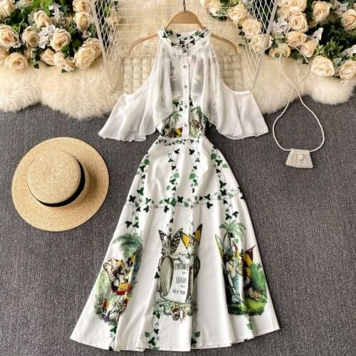 Womens Spring Summer Runway Fashion Hollow Out Print Dress Female Sexy Shoulder Off Travel Chic Party Dress TB1793