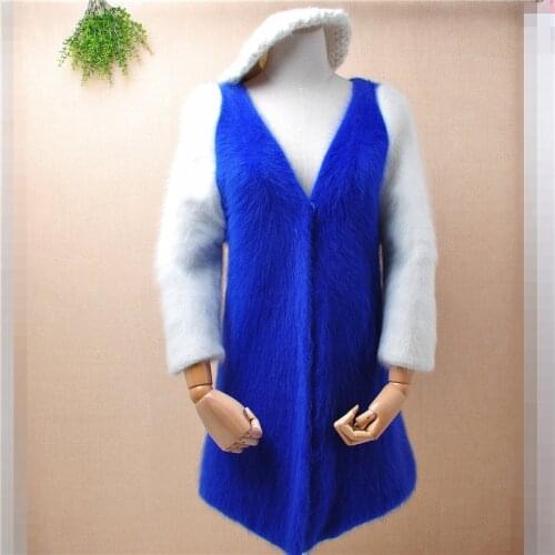 Heavy thick winter keep warm hairy fuzzy mink cashmere slim tight v-neck cardigans angora rabbit fur jacket coat sweater pull