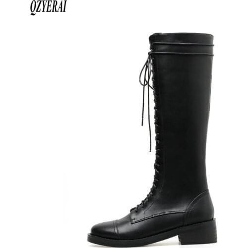 QZYERAI knee boots Autumn and winter Genuine leather Female boots Womens boots black Head layer cowhide Women shoes Size 34-40