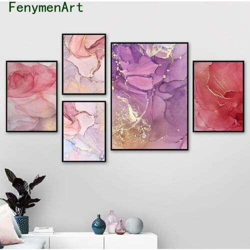 Nordic Purple Pink Canvas Painting Golden Marbling Poster and Print Modern Wall Art Abstract Picture for Home Living Room Decor