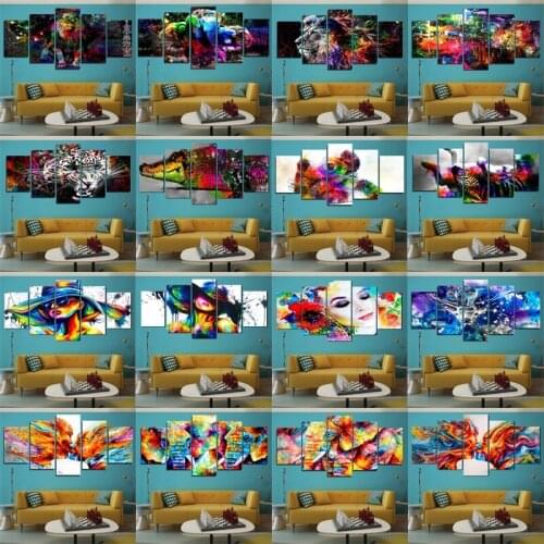Modern Wall Art Canvas Painting 5 Pieces Abstract Colors Animal&Kiss&Beauty Posters and Prints Decor For Living Room Bedroom