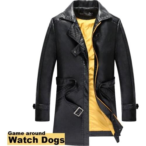 [STOCK]High Quality!Game Watch Dogs PU Leather Jacket Aiden Pearce Trench Halloween Cosplay Costume For Women/Men M-4XL