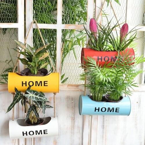 Hanging Flower Pots Home Garden Decoration Hanging Plant Pots Iron Wood Garden Planter Pots Tin Bucket Holder Basket Home Garden