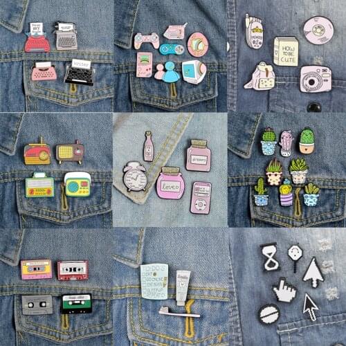3~8 pieces/set metal enamel pin cartoon printer game machine mobile phone bag CD portable audio plant teeth mouse brooch jewelry