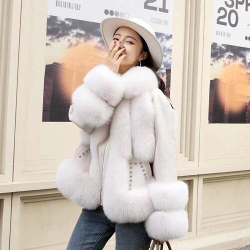 Womens Winter Warm Big Natural Real Fox Fur Collar Genuine Leather Short Slim Jackets