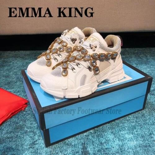 2021 Designer Platform Top Genuine Leather Sneakers Lady Mesh Breathable Trainers Diamond Chain Lace Up Womens Vulcanize Shoes