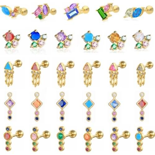 Soild 925 Sterling Silver Stud Earrings Cute Colorful Crystal Cartilage Aretes Mini Earring For Women CZ Piercing oreja Jewerly