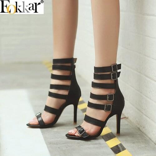 Eokkar 2019 Big Size 45 Open Toe Women Gladiator Pumps Super High Heel 10cm Rome Ladies Shoes Buckle Stilettos Heel Size 34-45