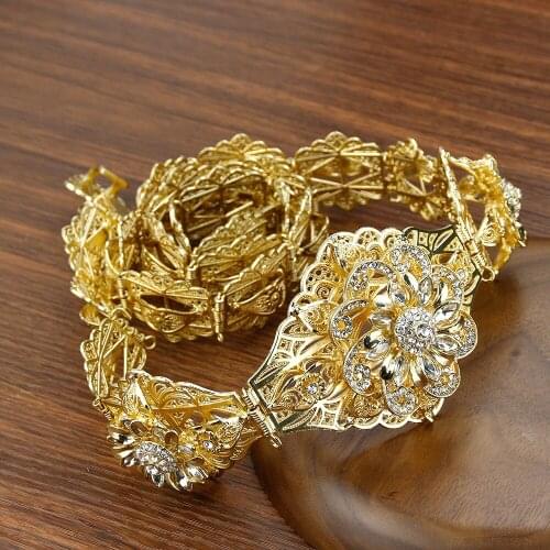Sunspicems Gold Silver Color Morocco Belt For Women Crystal Flower Arab Wedding Caftan Jewelry Adjustable Length Waist Chain