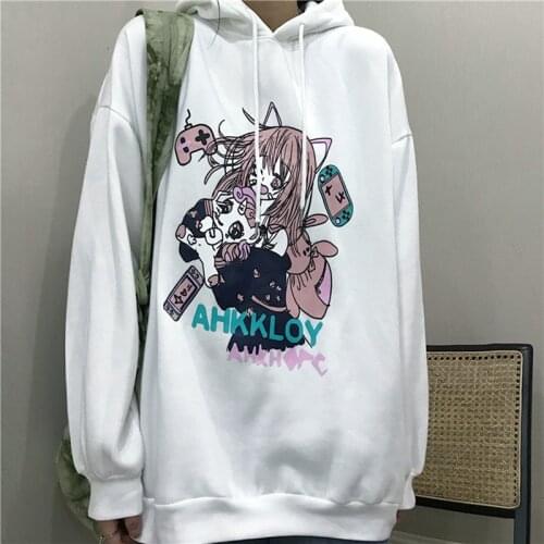 Winter New Womens Hoodie INS Harajuku Japanese Two-Dimensional Anime Girl Printing Loose Hooded Plus Velvet Mens Hoodie