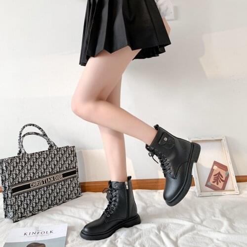 2021 Winter Ladies Plus Velvet Warm Snow Boots Leather Zipper Lace-up Flat Shoes Ankle Boots Womens Shoes Martin Boots