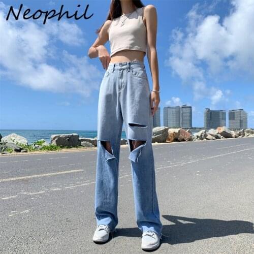 Neophil 2021 Gradient Ripped Jeans Women High Waist Summer Loose Hole Wide-Leg Denim Pants High Street Vintage Trousers P21639