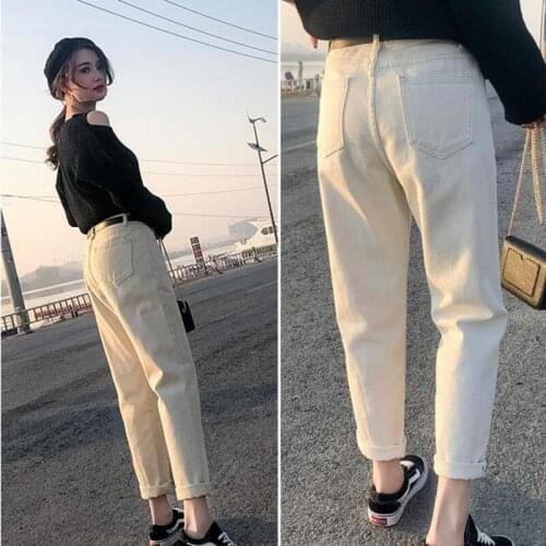 Jeans Women Ankle-length Beige Straight Denim Vintage School Simple Classic Womens Trousers BF Jean Harajuku Korean New Ulzzang
