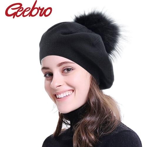 Geebro Women Fashion Wool Blend Beret with 15cm Real Fur Pompom Solid Color Slouchy Winter Hats Bonnet Caps for Girls Lady Hat