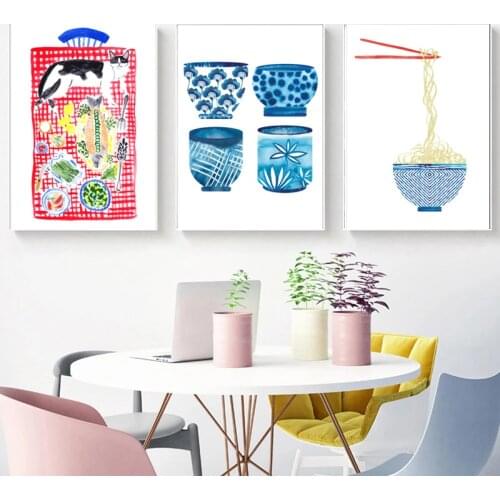 Stacked Bowl Food Cat Japanese Ramen Canvas Painting Print Poster Modern Wall Art Picture Kitchen Restaurant Home Decor Cuadros