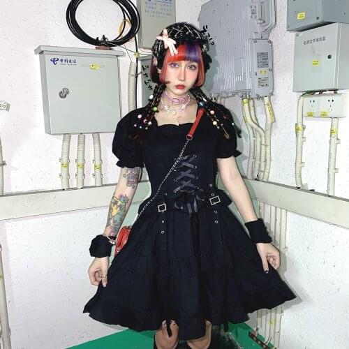 Summer Women Dress Japanese Harajuku Lolita short Puff Sleeve Bow Dresses Sweet Slim Party Vintage High Waist Black Dress Female