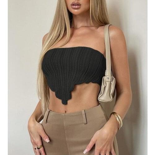 Summer Sexy Base Tube Tank Tops Solid Color Backless Tie Up Irregular Hem Off Shoulder Strapless Wrapped Chest Knitted Vest