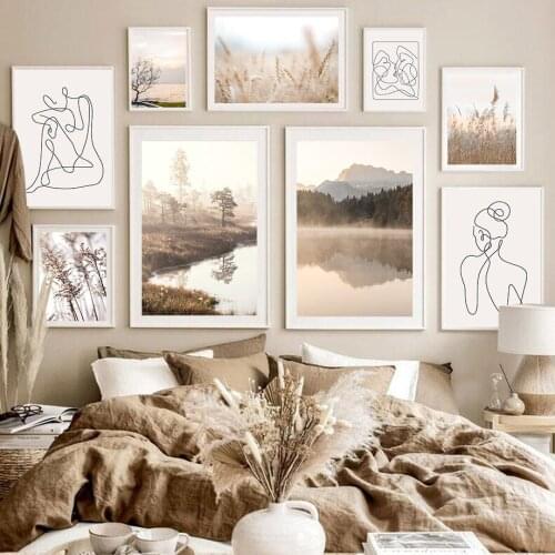 Beige Lake Reed Scenery Abstract Line Girl Wall Art Canvas Painting Nordic Poster And Prints Wall Pictures For Living Room Decor