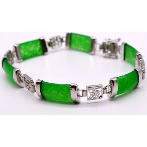 Natural green bracelet, green jade, Chinese characters, 925 sterling silver bracelet, ladies silver bracelet
