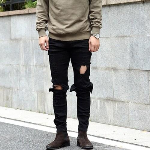 NEW HOT fashion high street male tide jeans with the hole casual pants slim cool tights bodybuilding clothing