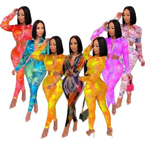 Echoine Autumn Fashion Printed Tie-dye Outfits Woman Lapel Long-sleeved Single-breasted Shirt Tops Trousers Casual Two Piece Set