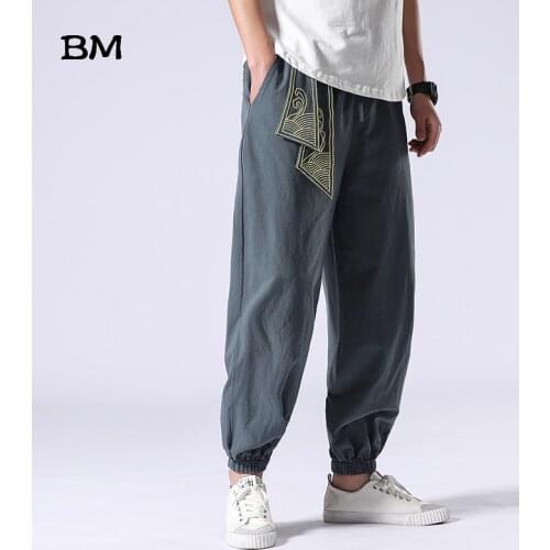 Spring Summer Chinese Style Cotton Line Mens Thin Pants Hip Hop Harem Pants Joggers Sweatpants Japanees Streetwear Trousers