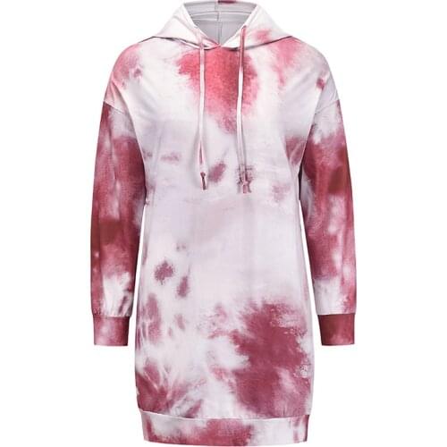Loose Hooded Dresses Women Fall Vestidos 2021 Autumn Women Long Sleeve Drawstring Dress Tie-Dye Printed Casual Loose Pullover