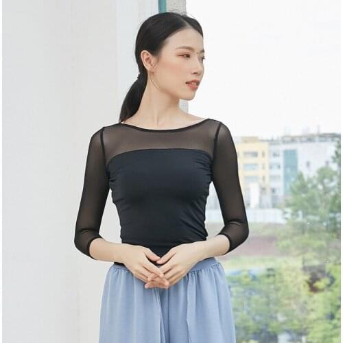 Adult Sexy Back Deep V Belly Ballet Dance Transparent Mesh Top Costume for Women Dancing Clothes Dancer Wear Clothing