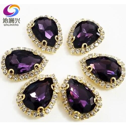 Deep purple Golden bottom Top grade Glass Crystal buckle,Drop shape sew on rhinestones,Diy wedding decoration 10pcs/pack SWSK17