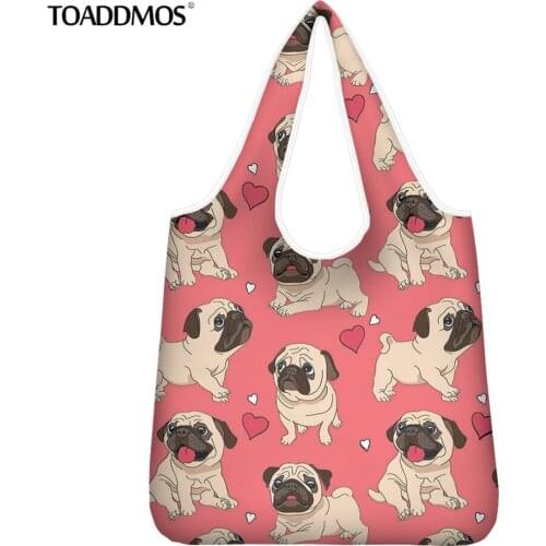 TOADDMOS Shopping Bag Cute Pug Dog Pink Eco-friendly Home Kitchen Storage Tote Bags Foldable Reusable Ladies Shopper Bag Handbag