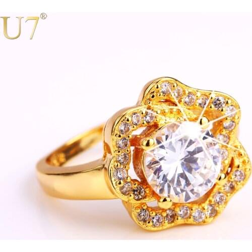 U7 AAA Cubic Zirconia Rings For Women Engagement Wholesale Gold Color Rose Flower Ring Wedding Bands R396