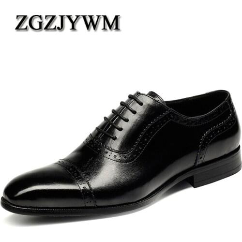 ZGZJYWM New Breathable Mens Business Lace-Up Black/Wine Red Formal Carved Dress Genuine Leather Wedding Oxfords Office Shoes