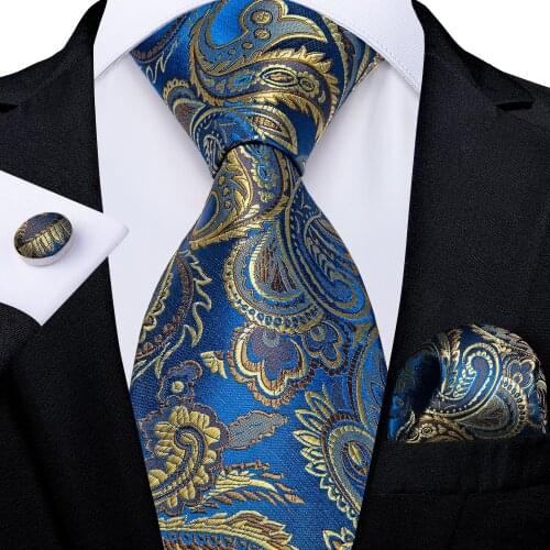 Yellow Paisley Blue Ties For Men 8cm Classic Business Silk Tie Set Handkerchief Cufflinks Wedding Tie Gift For Men DiBanGu
