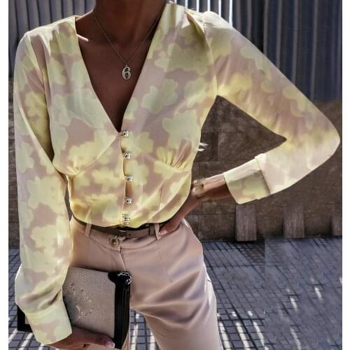 2021 Autumn Sexy Women Solid Color Button Shirts V-Neck Printed Slim Sexy Crop Tops Blouse Casual Spring Shirt Fitted Tops