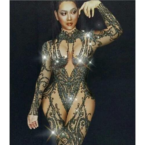 Nightclub Sexy Women Crystals Rattan Pattern Streth Skinny Gauze Jumpsuits Female Personalized Pole Dancing Perfomance Clothing