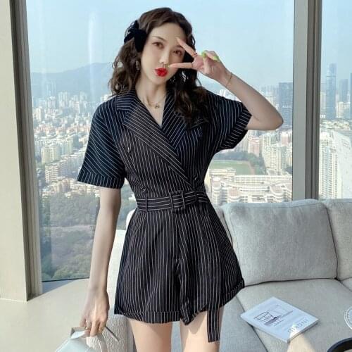Fashion Summer Korean Casual Vintage Striped Loose Jumpsuits Rompers Women Streetwear Short Sleeve Pocket Sashes Short Jumpsuits