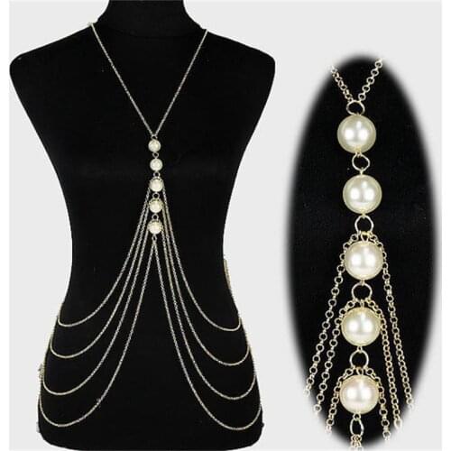 Sexy Gold Body Link Chain Bikini Beach Crossover Harness Pearl Pendant Necklace Waist Belly Bodychain Beach Boho Jewelry Bijoux